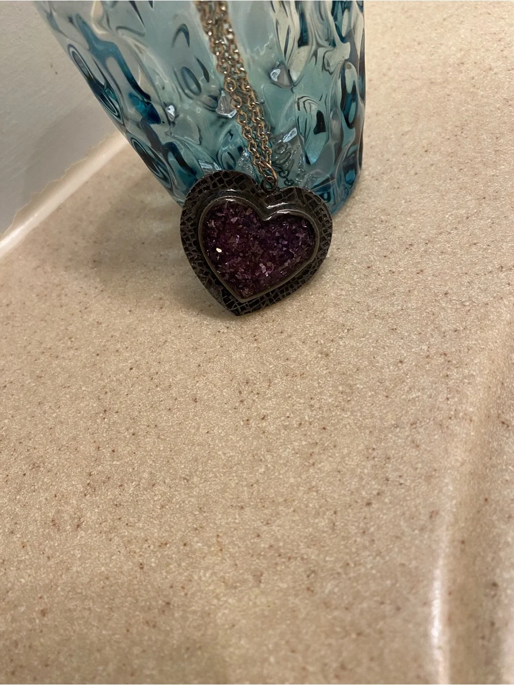 Silver-Tone Heart Pendant Necklace with Purple Resin Inlay